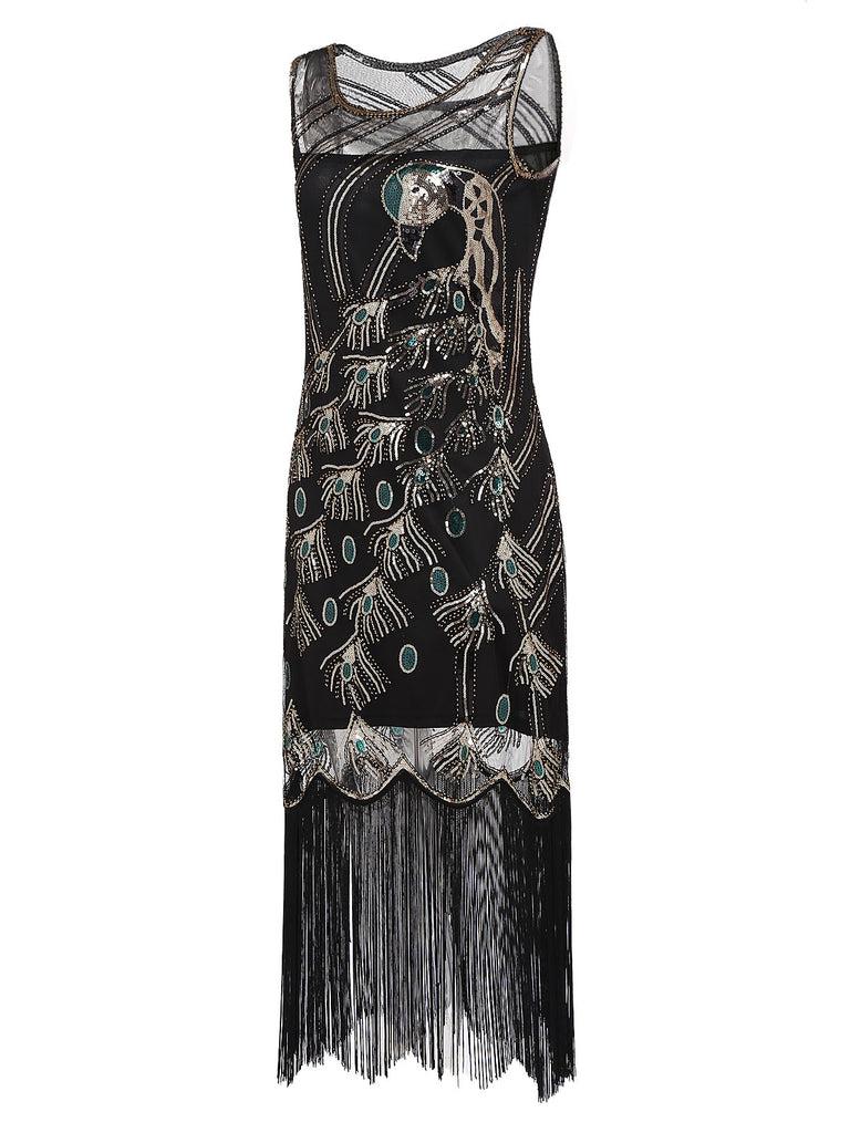 1920ER SCHWARZ PAILLETTEN PERLEN FRANSEN KLEID