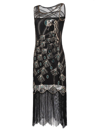 1920ER SCHWARZ PAILLETTEN PERLEN FRANSEN KLEID
