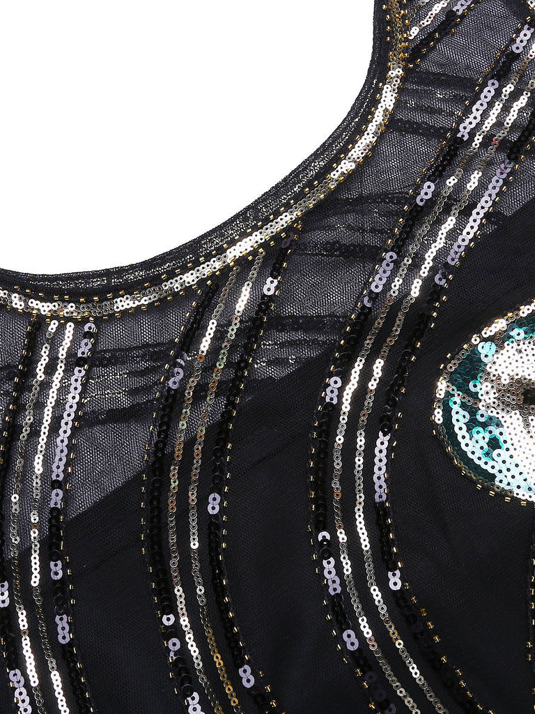 1920ER SCHWARZ PAILLETTEN PERLEN FRANSEN KLEID