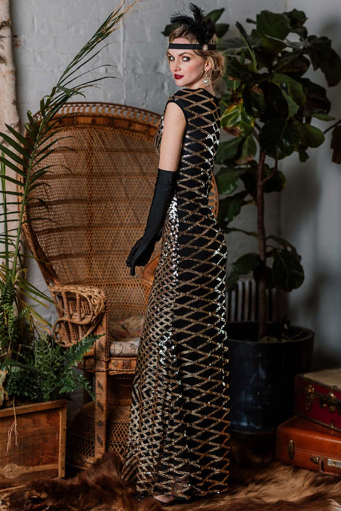 1920ER SCHWARZ PAILLETTEN MAXIKLEID