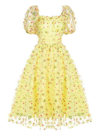 Gelb 3D Blumen Puffärmeln Swing Kleid