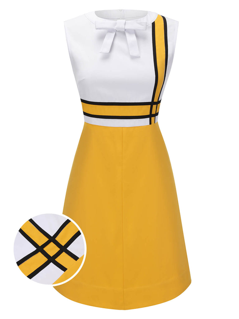 Weißes Und Gelbes 1960er Schleifen Patchwork Kleid