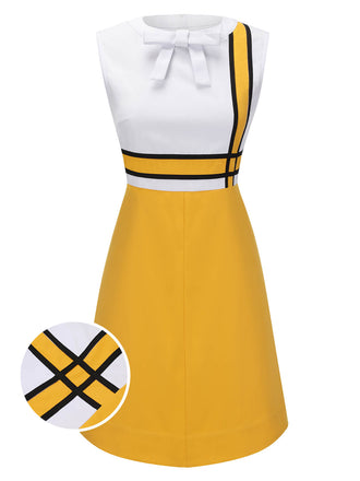 [Vorverkauf] Weißes & Gelbes Schleifenknoten Patchwork Kleid