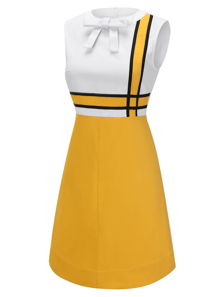 Weißes Und Gelbes 1960er Schleifen Patchwork Kleid