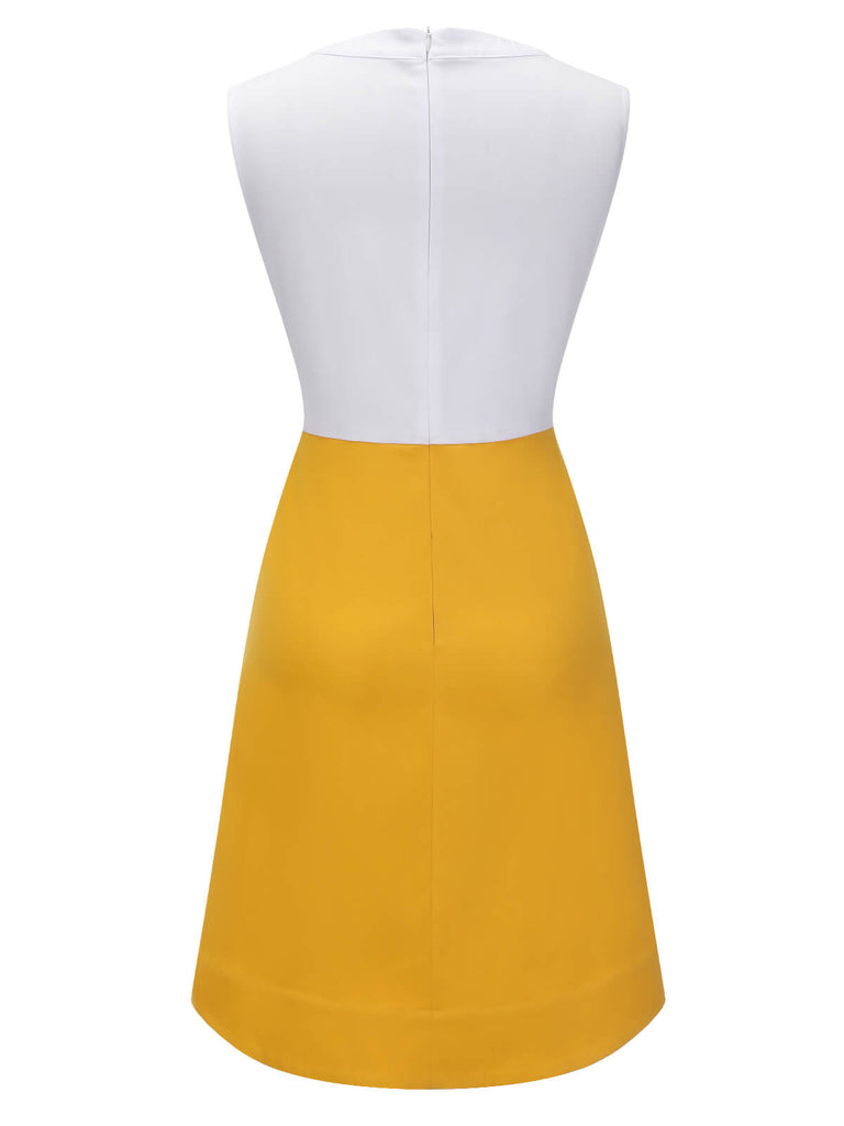 Weißes Und Gelbes 1960er Schleifen Patchwork Kleid