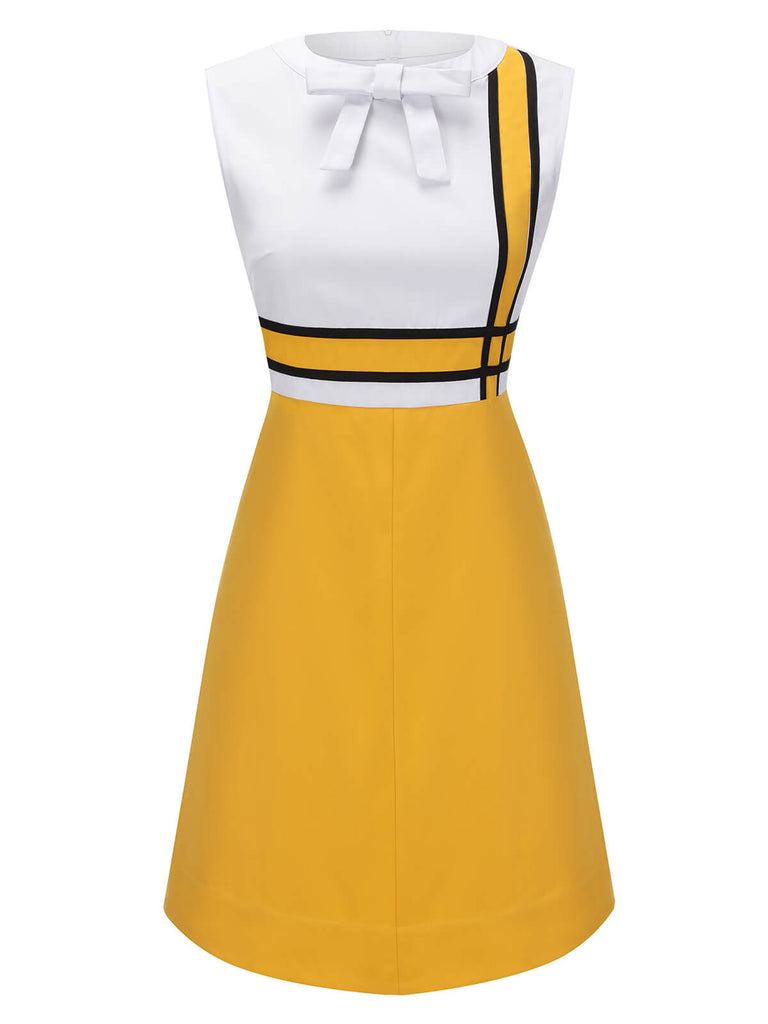 Weißes Und Gelbes 1960er Schleifen Patchwork Kleid