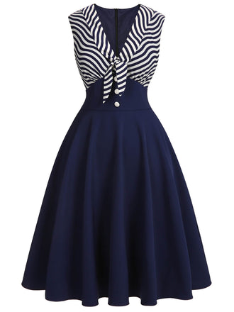 Marineblaues gestreiftes Patchwork-Kleid aus den 1950ern