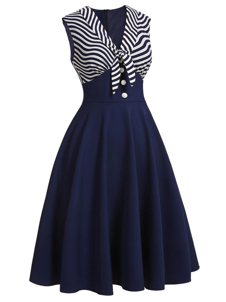 Marineblaues gestreiftes Patchwork-Kleid aus den 1950ern