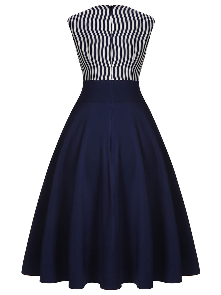 Marineblaues gestreiftes Patchwork-Kleid aus den 1950ern