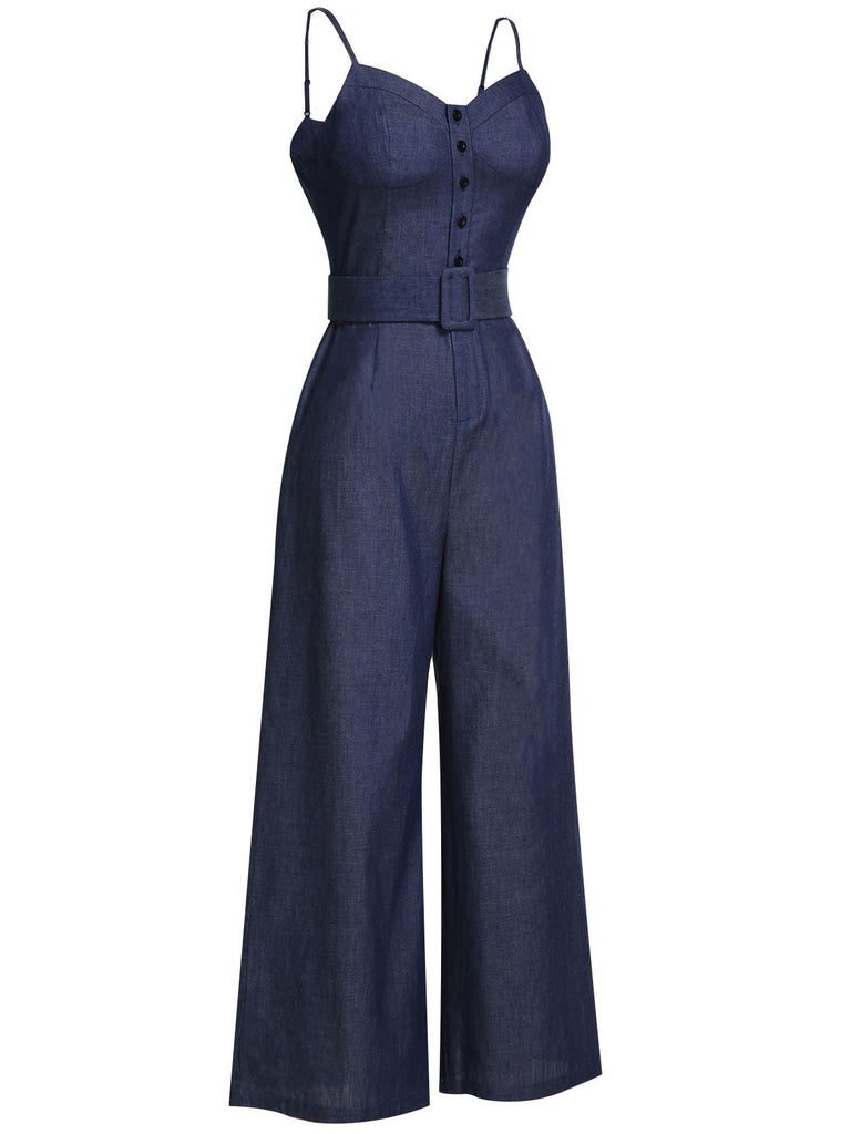 [Vorverkauf] Blau 1930er festen Trägern Cowboy Jumpsuit
