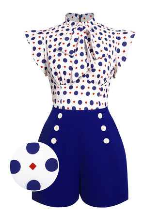 Blauer 1950er Polka Dot Geknöpfter Romper