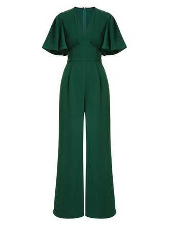 Grüner 1930er Solid V-Ausschnitt Jumpsuit