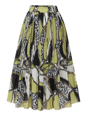 Grüner & Schwarzer 1950er Gemusterter Plissierter Midi-Rock