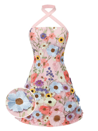 Blassrosa 1960er 3D Blumen Minikleid