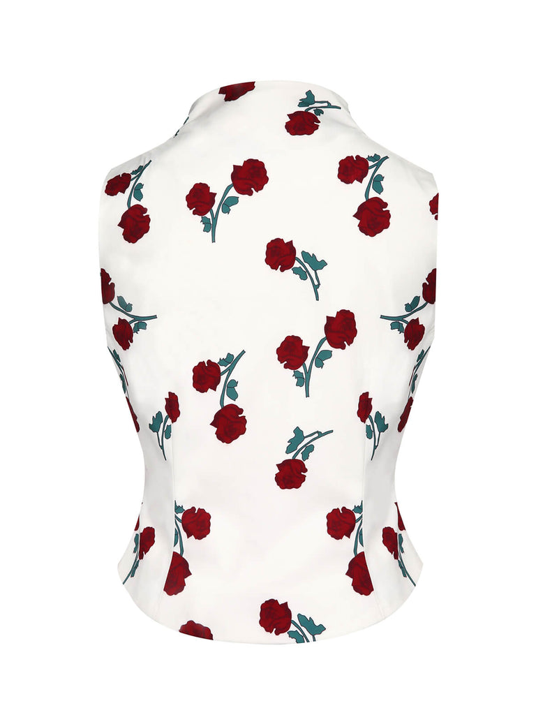 Weißes 1950er Rosen Vintage ärmelloses Top