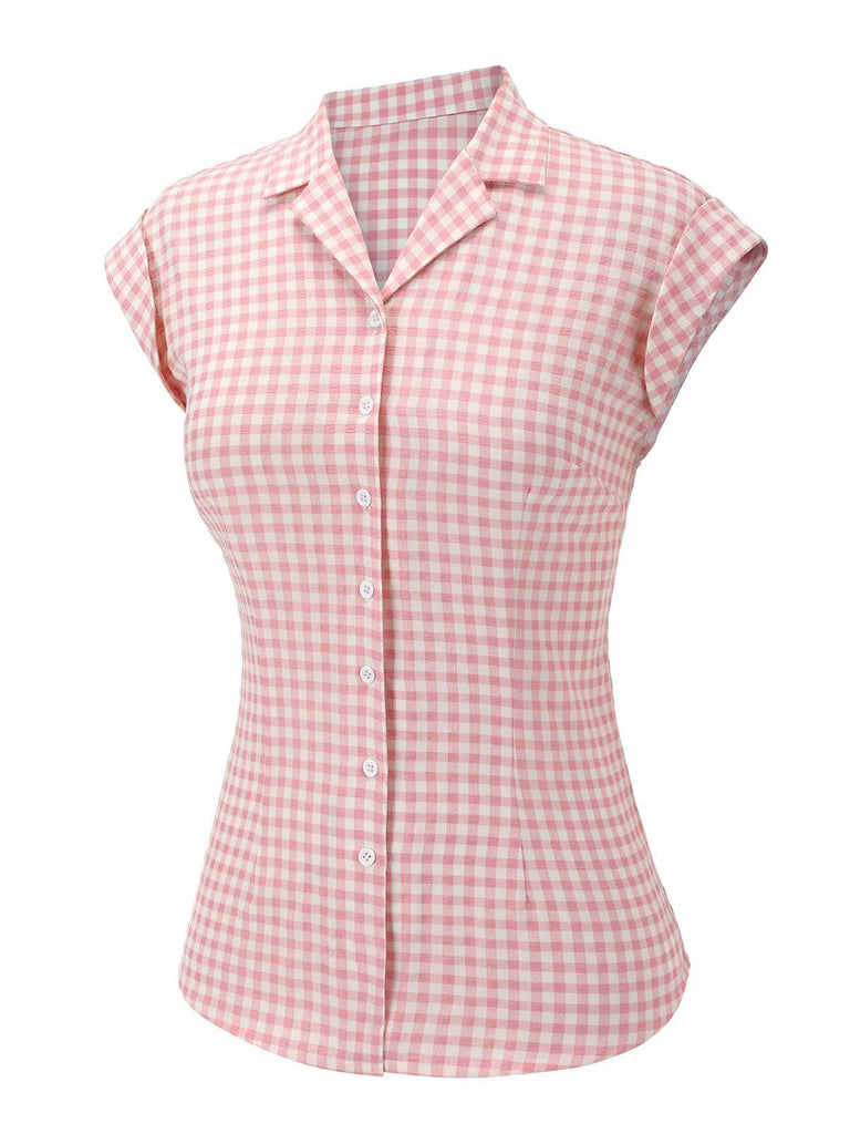 Rosa 1950er Gingham Hemd mit Revers