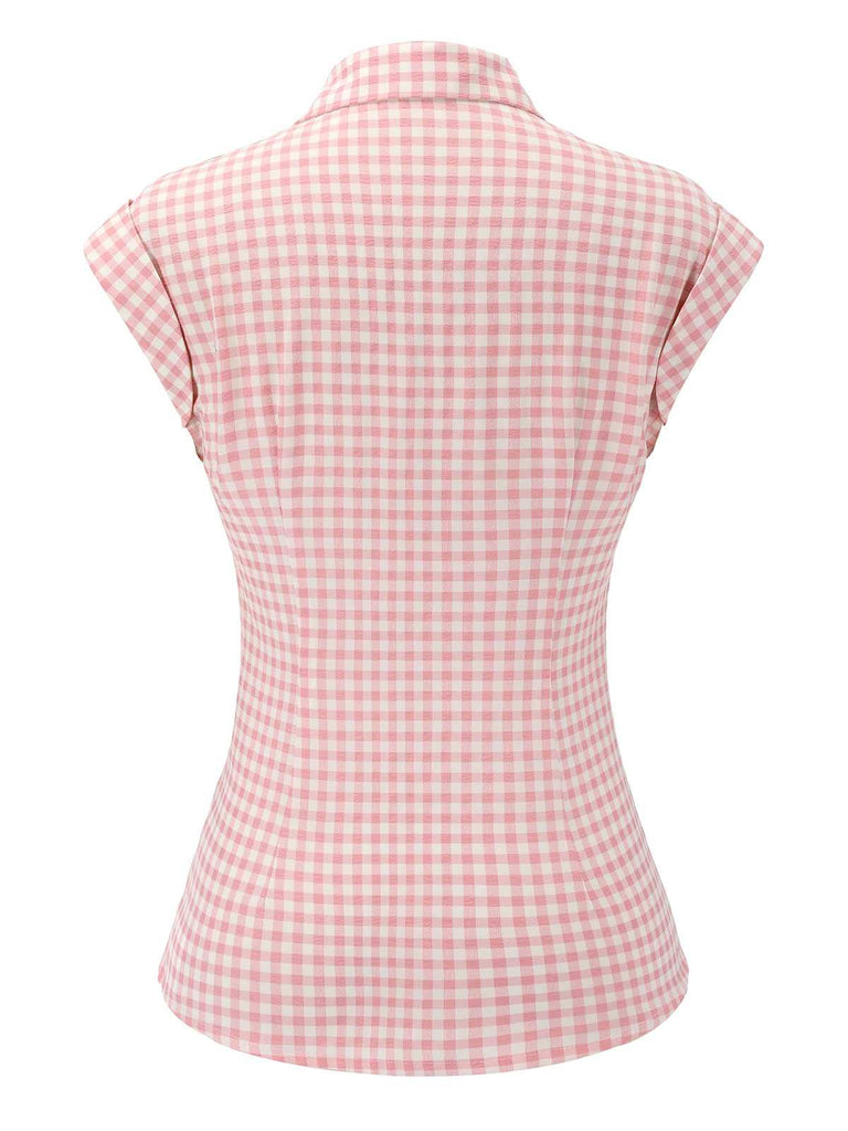 Rosa 1950er Gingham Hemd mit Revers