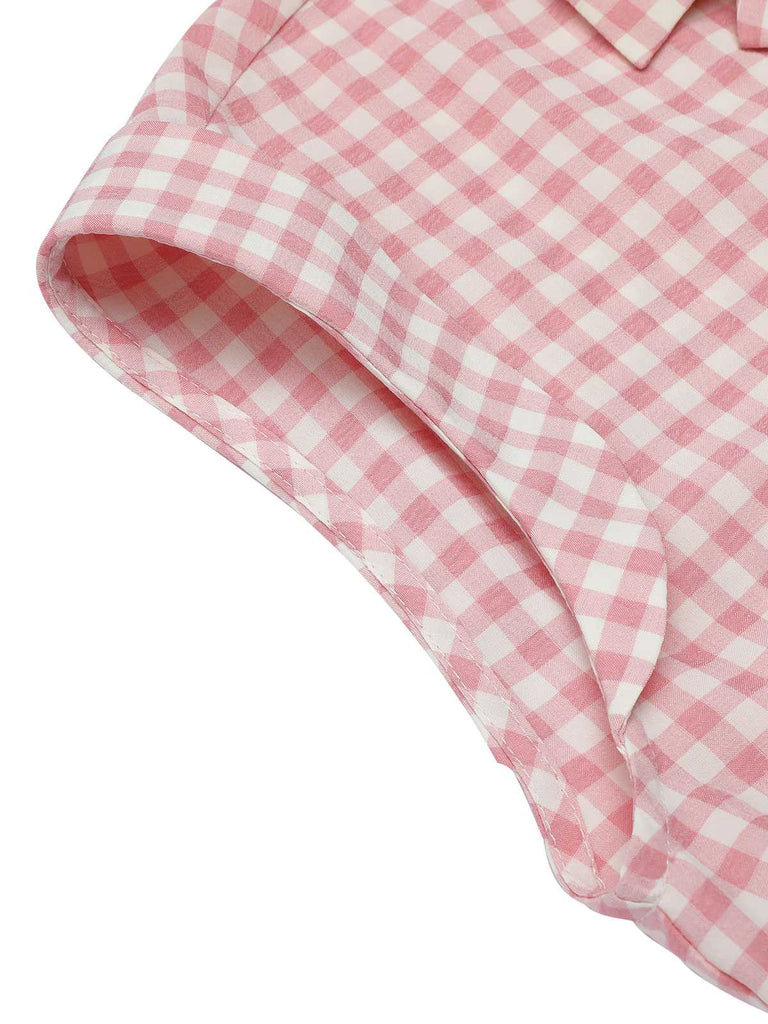 Rosa 1950er Gingham Hemd mit Revers