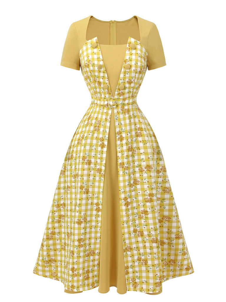 Gelbes 1950er Karo Rosen Pane Raglankleid