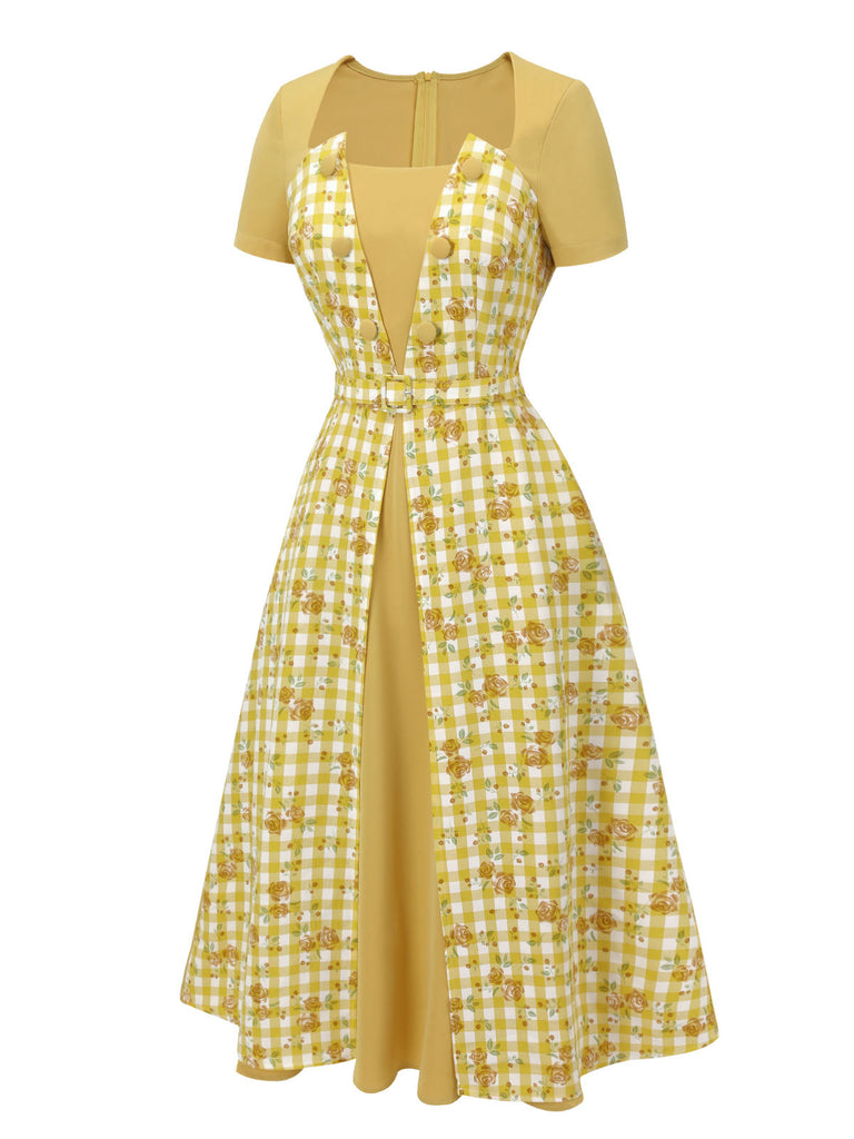 Gelbes 1950er Karo Rosen Pane Raglankleid