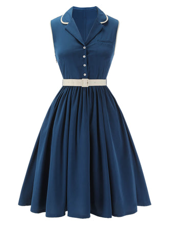 [Vorverkauf] Marineblau 1960er ärmelloses Revers Gürtel Kleid