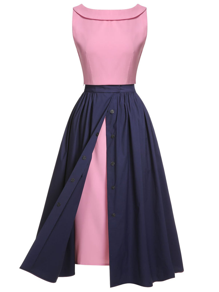 3PCS Rosa 1960er Schleifenbluse & Spaghettikleid & Regenschirm-Rock
