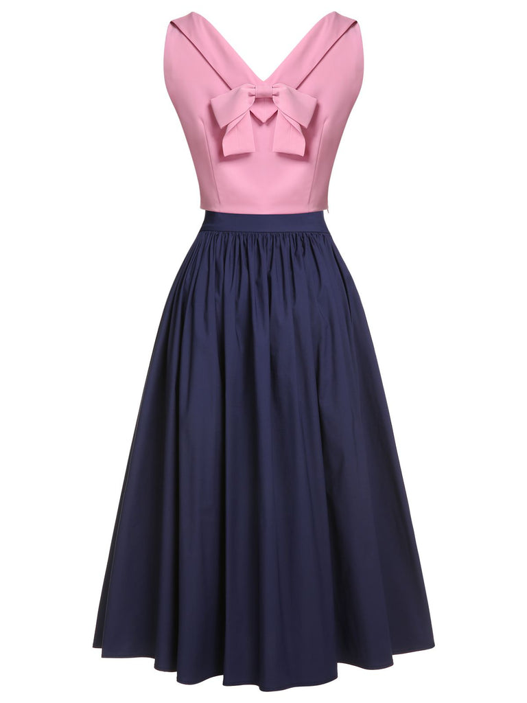 3PCS Rosa 1960er Schleifenbluse & Spaghettikleid & Regenschirm-Rock