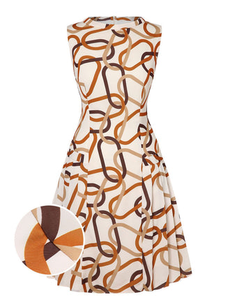 Gelbes 1960er Stehkragen bedrucktes plissiertes Kleid