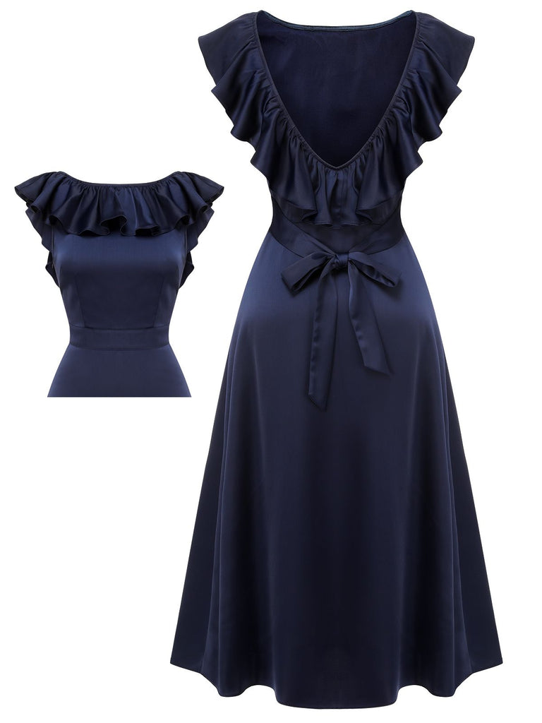 Dunkelblaues 1930er Volantärmel Trompetenkleid mit Rundhalsausschnitt