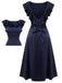 Dunkelblaues 1930er Volantärmel Trompetenkleid mit Rundhalsausschnitt