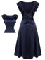 Dunkelblaues 1930er Volantärmel Trompetenkleid mit Rundhalsausschnitt