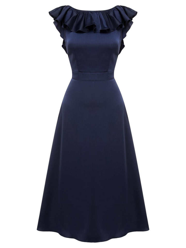 Dunkelblaues 1930er Volantärmel Trompetenkleid mit Rundhalsausschnitt
