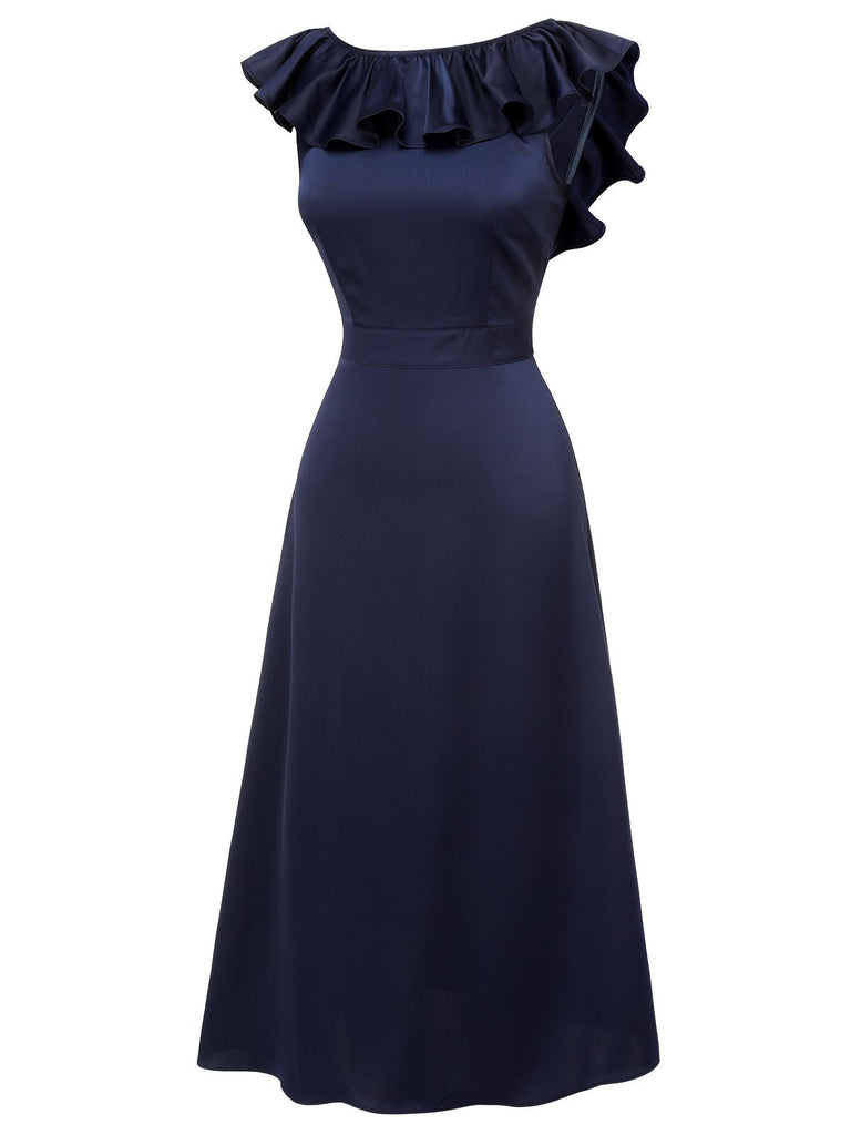 Dunkelblaues 1930er Volantärmel Trompetenkleid mit Rundhalsausschnitt