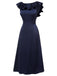 Dunkelblaues 1930er Volantärmel Trompetenkleid mit Rundhalsausschnitt