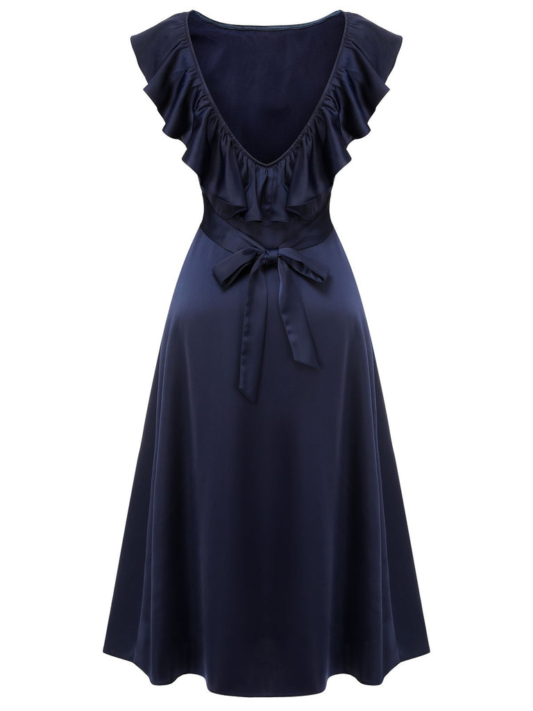 Dunkelblaues 1930er Volantärmel Trompetenkleid mit Rundhalsausschnitt