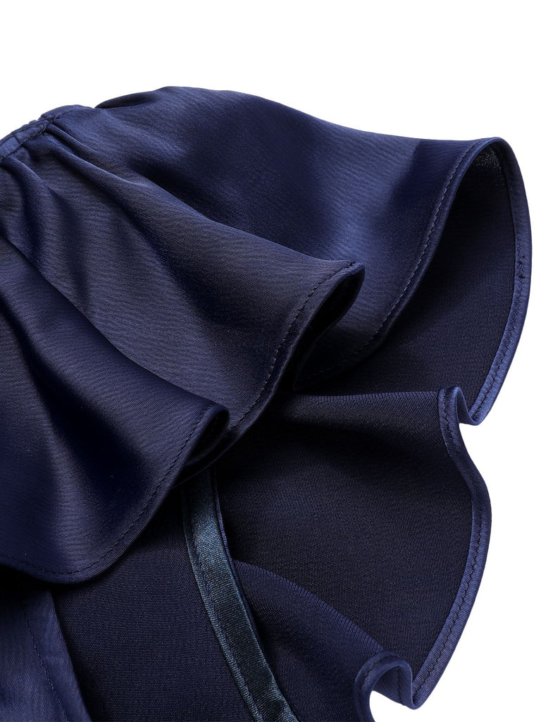 Dunkelblaues 1930er Volantärmel Trompetenkleid mit Rundhalsausschnitt