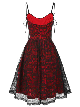 Weinrot 1950er Totenkopfmuster Gothic Style Kleid