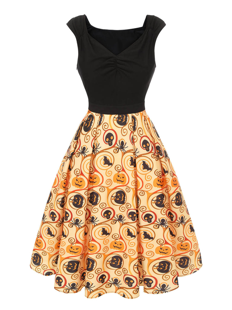 Schwarz & Gelb 1950er Kürbis Fledermaus Spinne Kleid