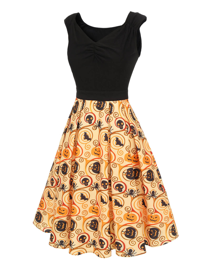 Schwarz & Gelb 1950er Kürbis Fledermaus Spinne Kleid