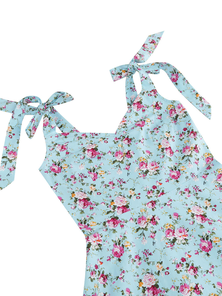 1950er Floral Schnürung Schulter V-Ausschnitt Swing Kleid