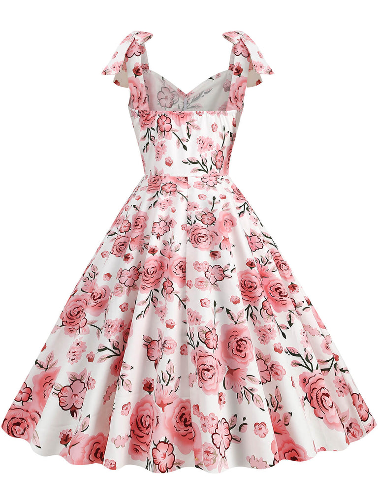 1950er Floral Schnürung Schulter V-Ausschnitt Swing Kleid