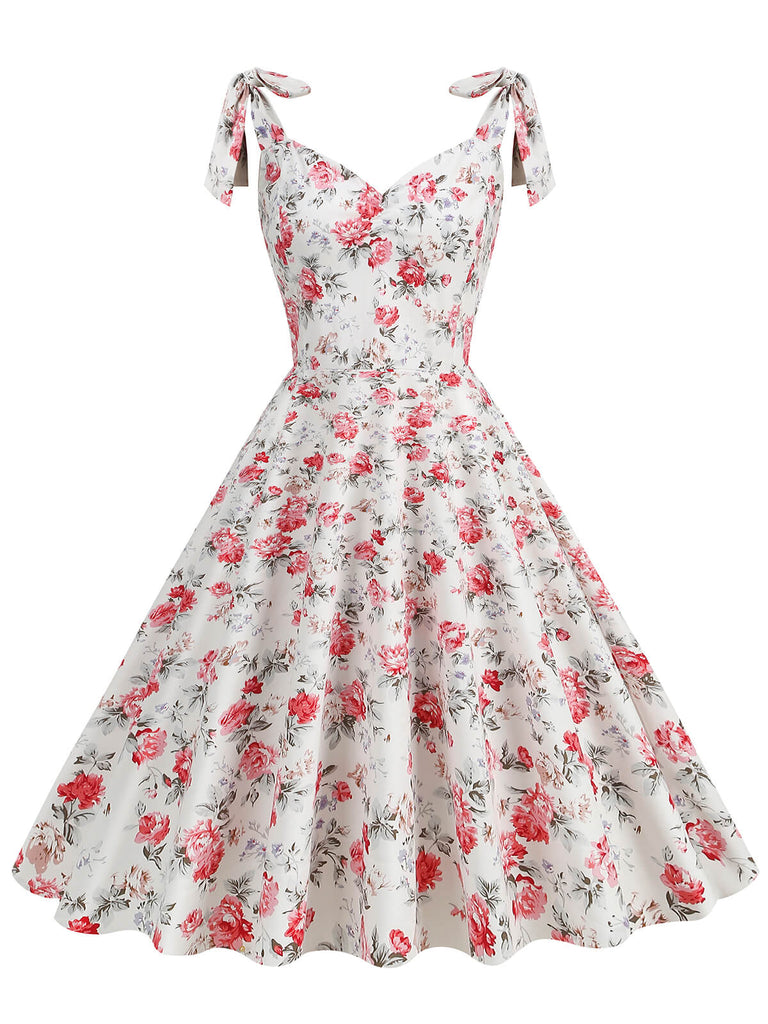 1950er Floral Schnürung Schulter V-Ausschnitt Swing Kleid