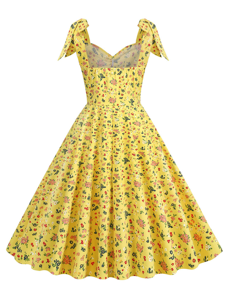 1950er Floral Schnürung Schulter V-Ausschnitt Swing Kleid