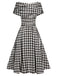 Schwarzes 1950er Hahnentritt-Kleid mit kurzen Ärmeln und Gürtel