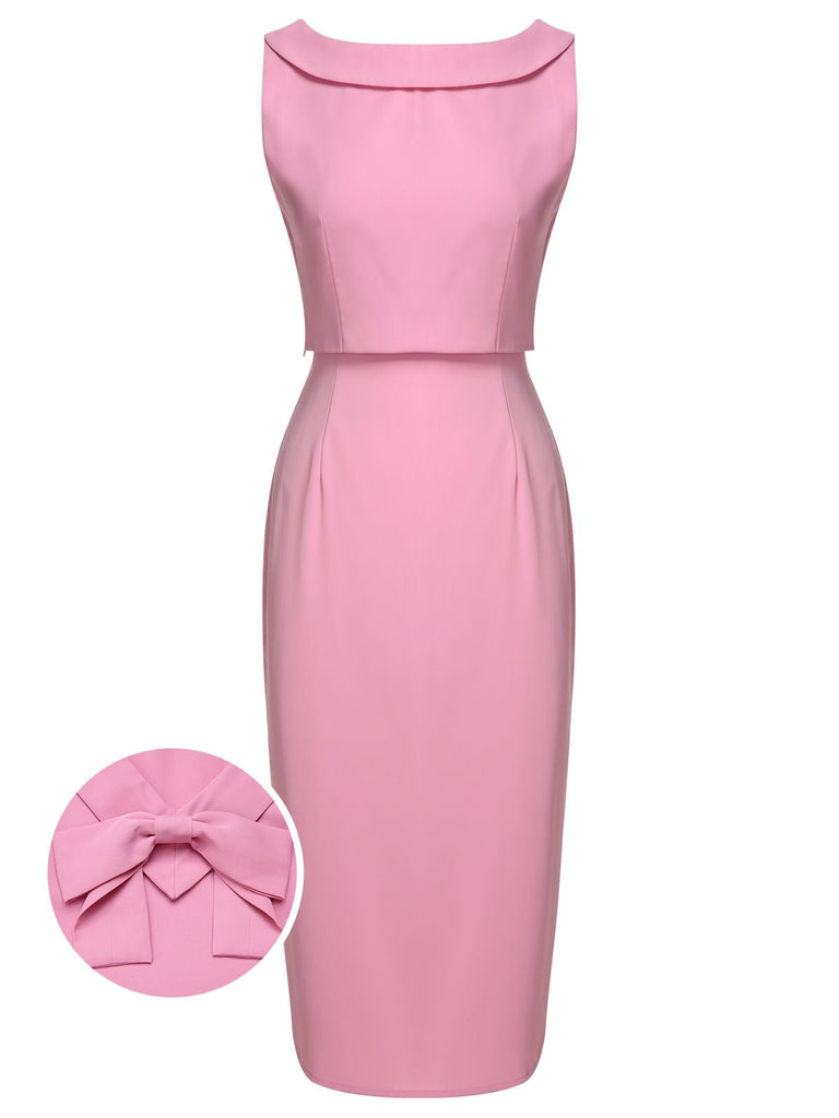 3PCS Rosa 1960er Schleifenbluse & Spaghettikleid & Regenschirm-Rock
