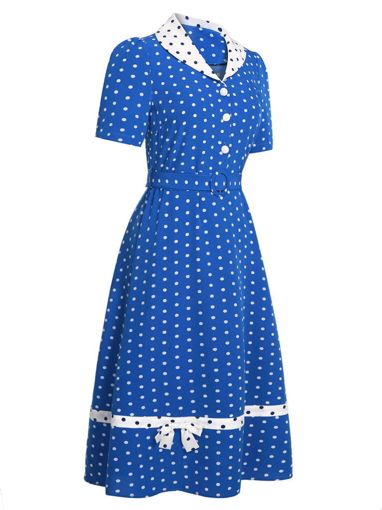 Blau-weißes 1940er Kleid mit gepunktetem Revers