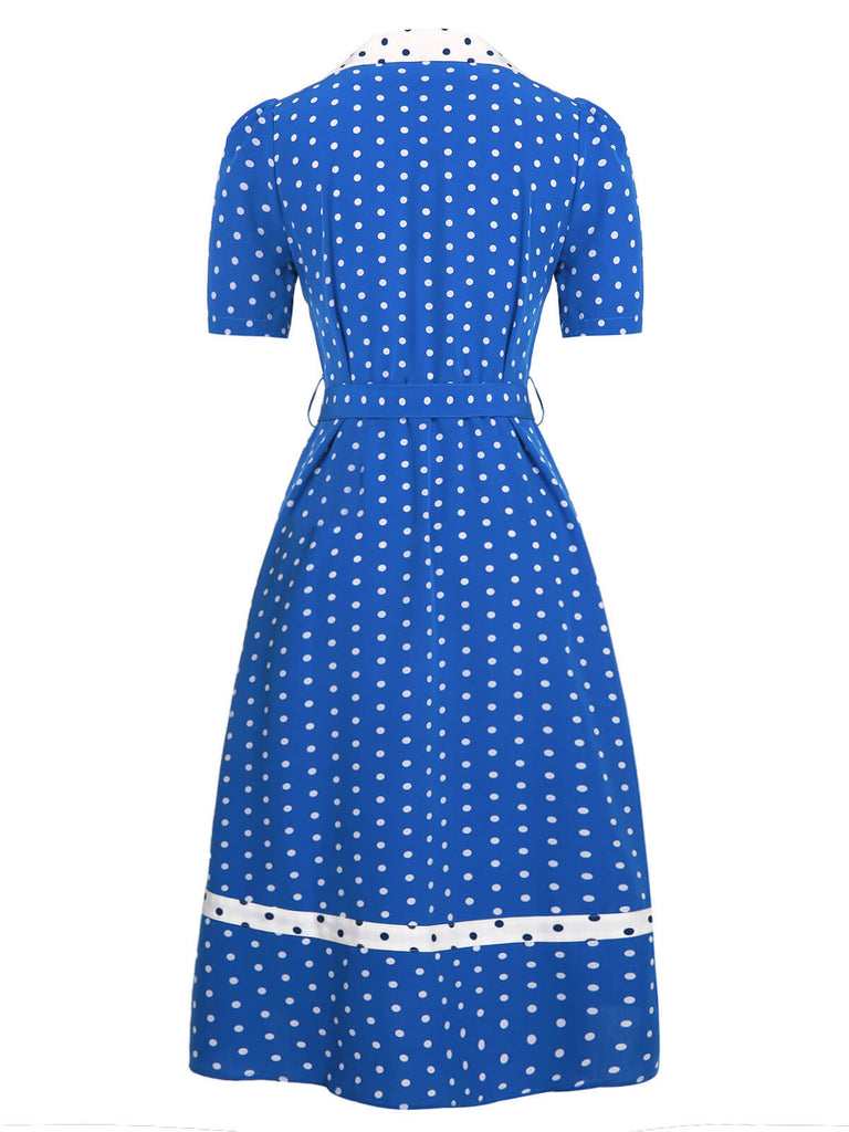 Blau-weißes 1940er Kleid mit gepunktetem Revers