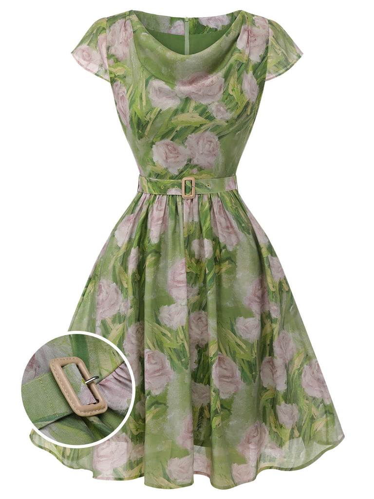 Grün 1960er Ölmalerei Rose Kleid