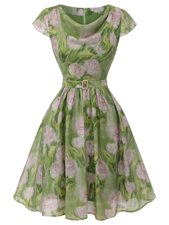 [Vorverkauf] Grün 1960er Ölmalerei Rose Kleid