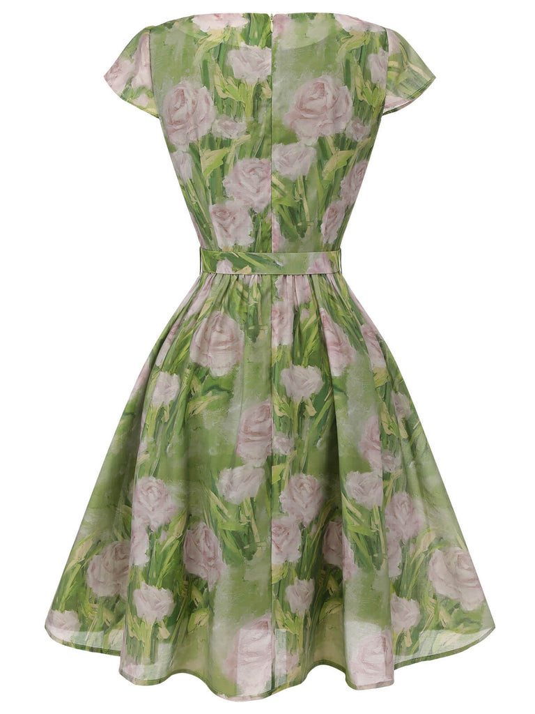 Grün 1960er Ölmalerei Rose Kleid